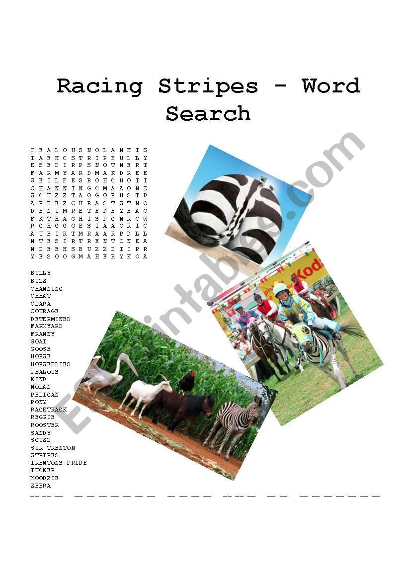 Racing Stripes wordsearch worksheet