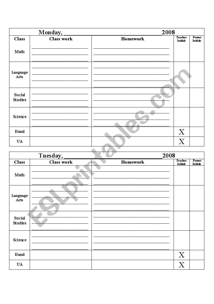 Student agenda worksheet