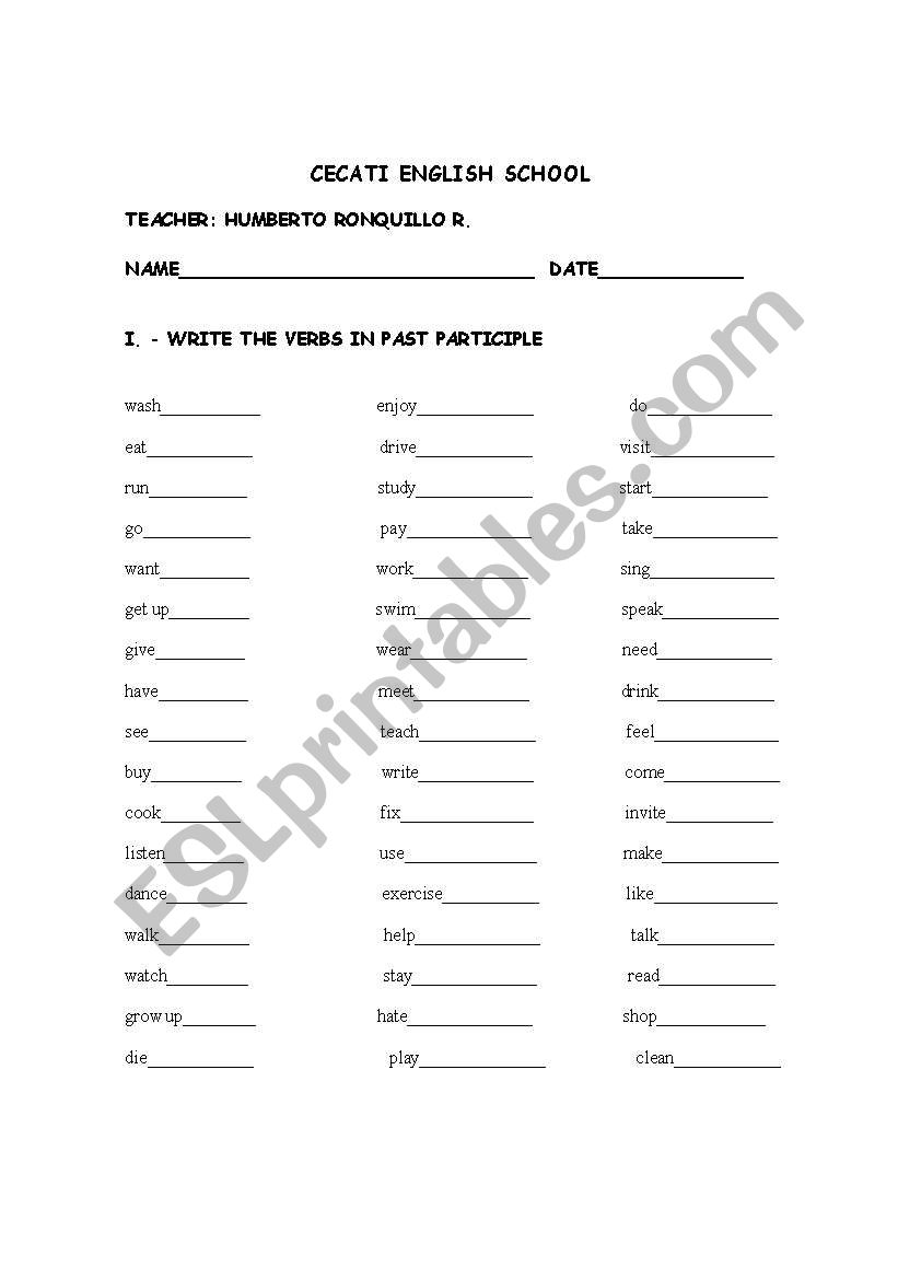 PAST PARTICIPLE TEST worksheet