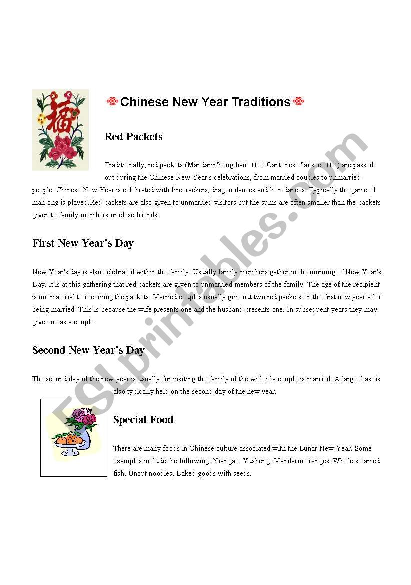 Chinese New Year traditions worksheet