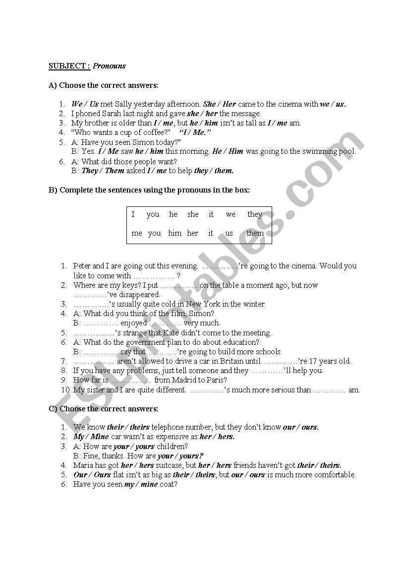 Pronouns worksheet