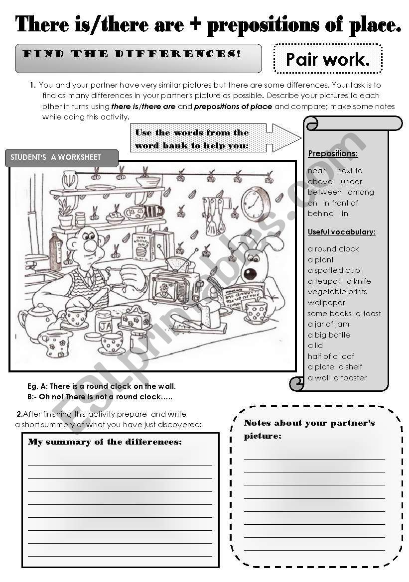 There is /there are + prepositions of place -pair work speaking and writing activity. Find the differences! 2 pages.