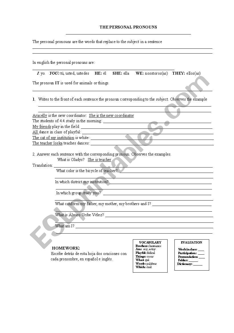 personal pronouns worksheet