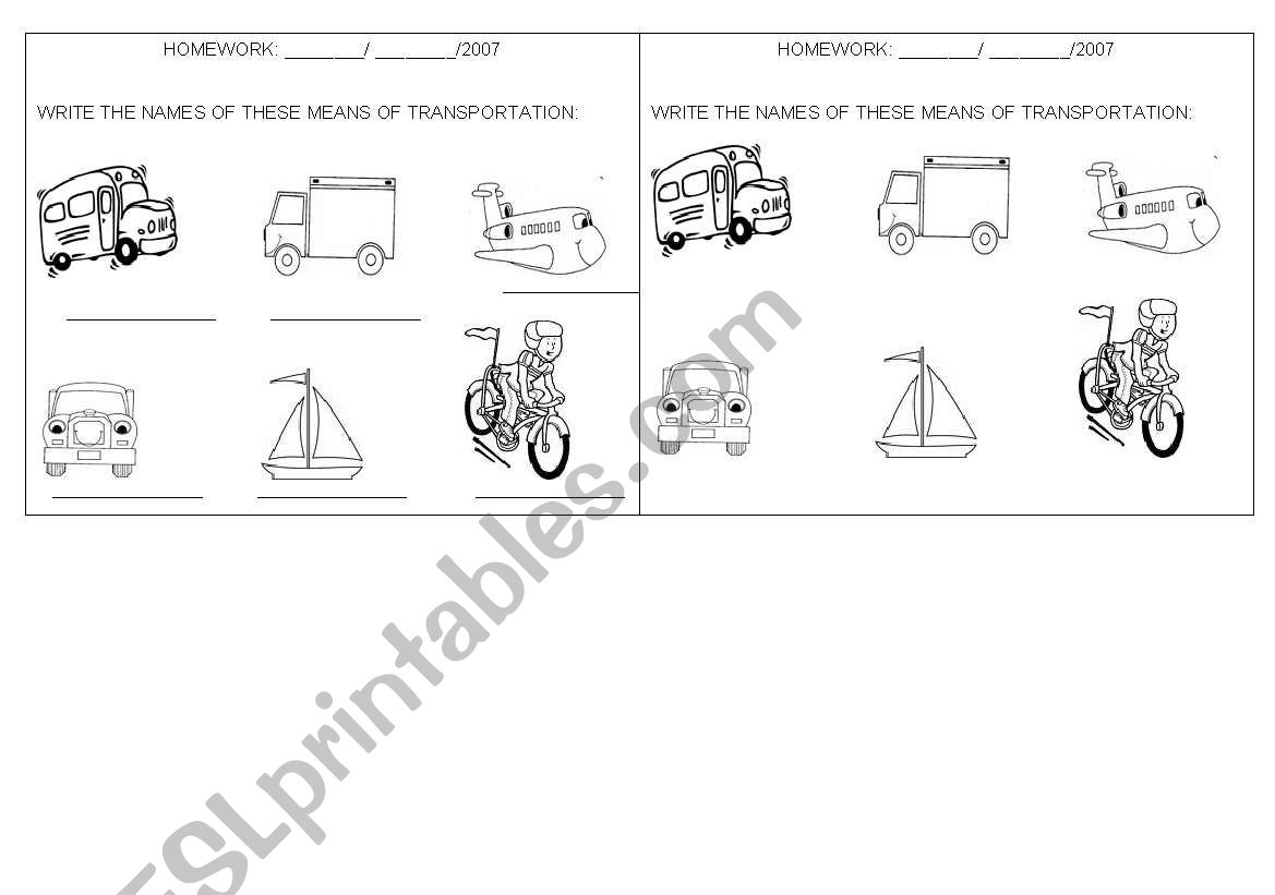 means of transportation worksheet