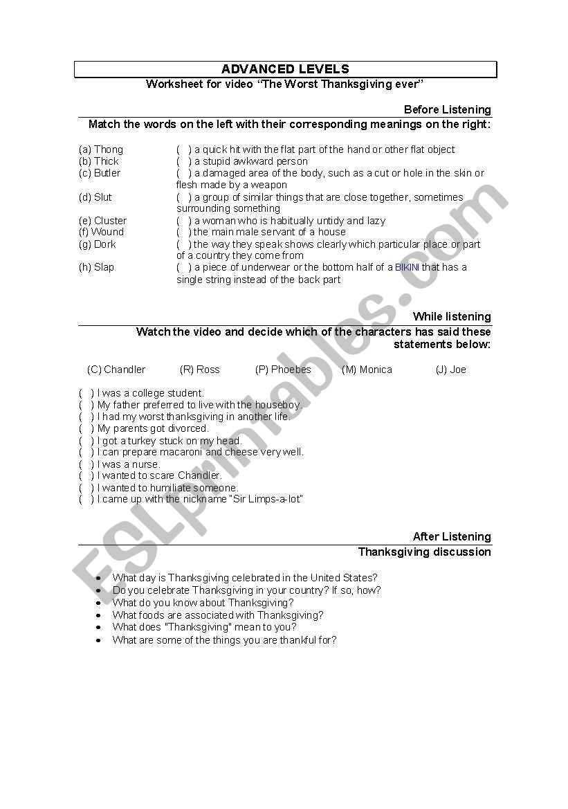 The Worst Thanksgiving Ever worksheet