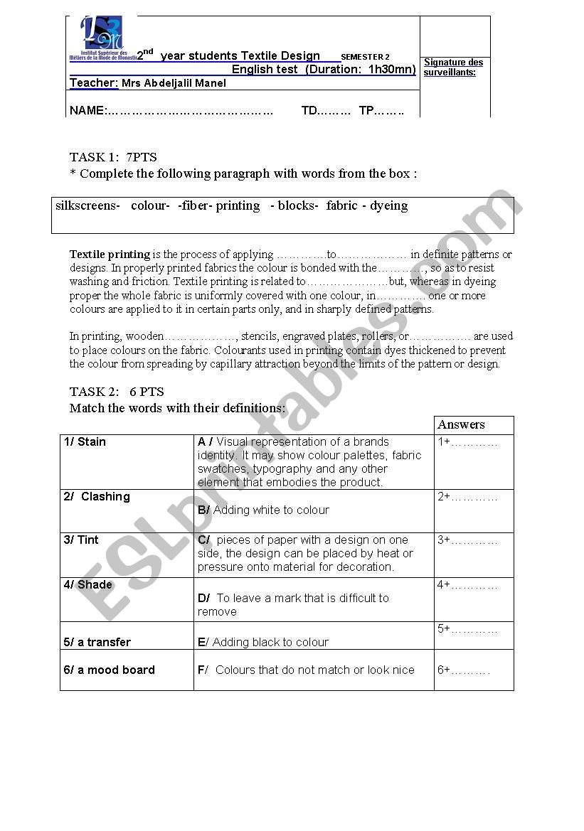 textile design techniques worksheet