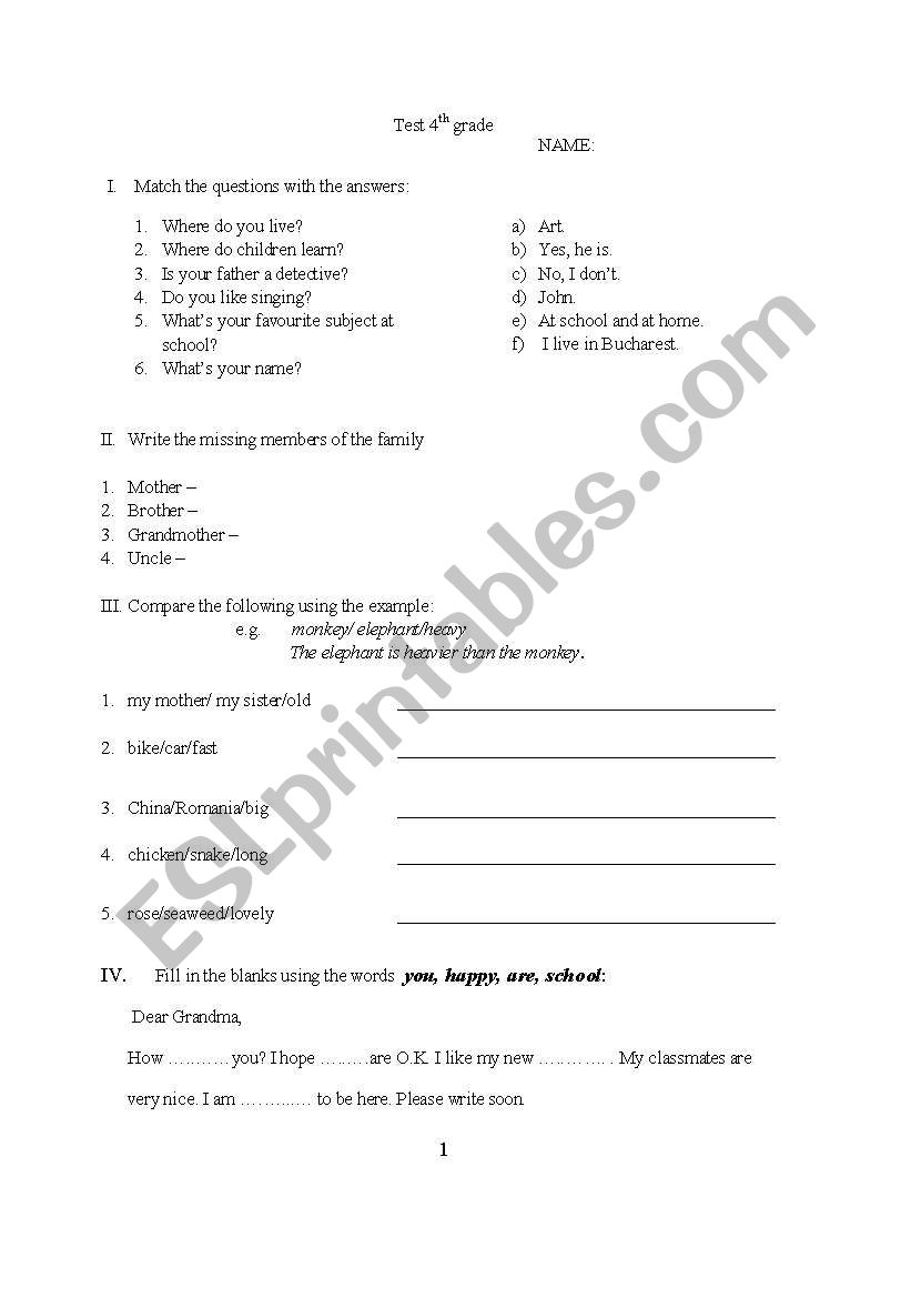 test 4th grade worksheet