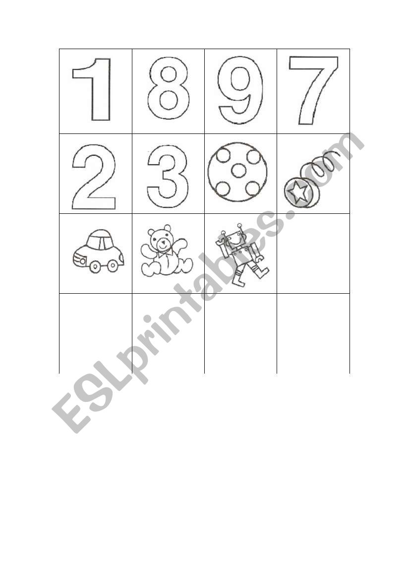 Bingo Game about numbers and toys