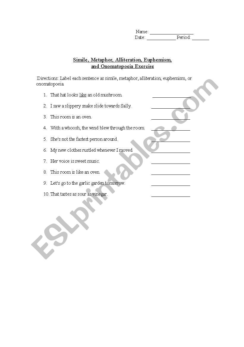 Simile, Metaphor, Alliteration, Euphemismand, and  Onomatopoeia Exercise