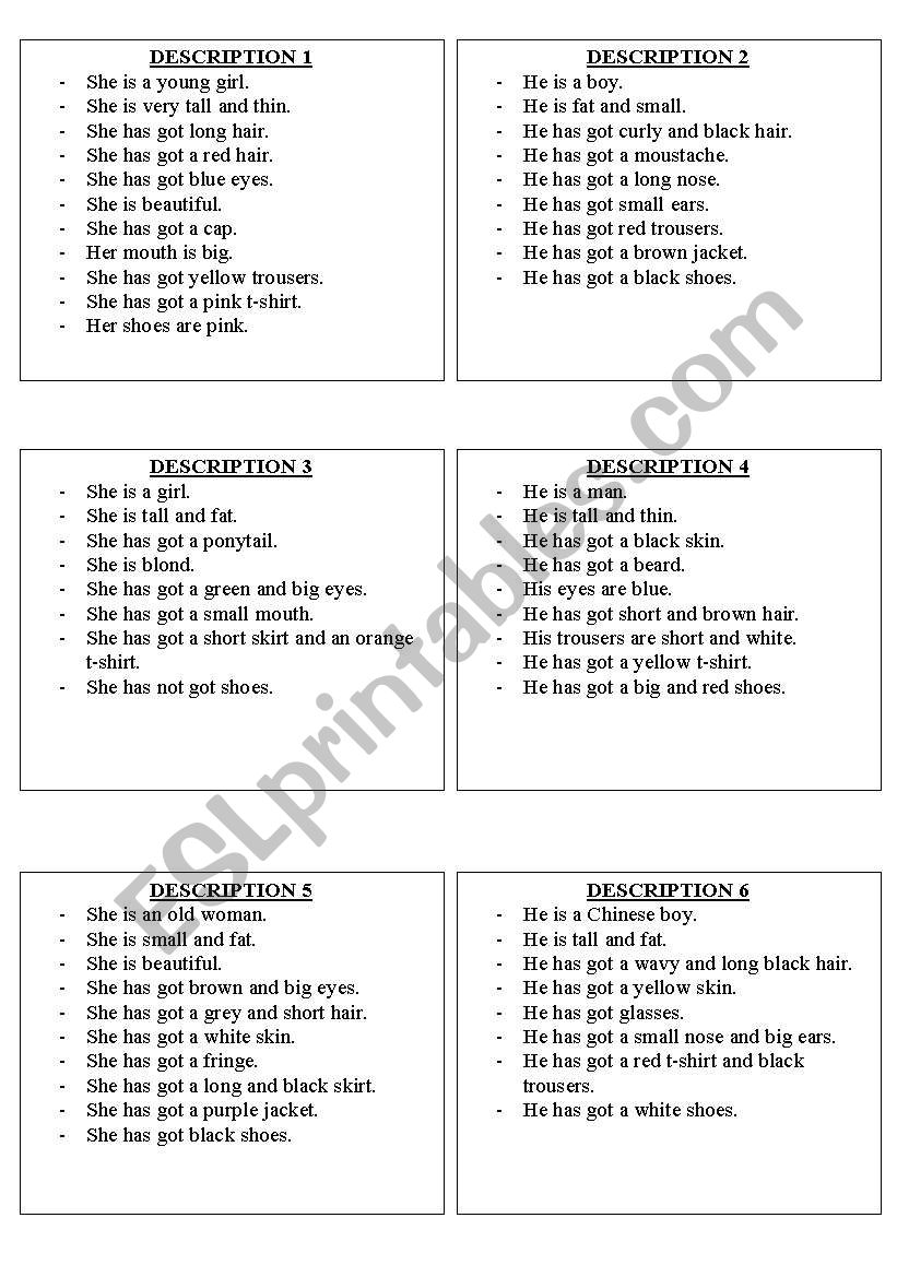 description cards  worksheet