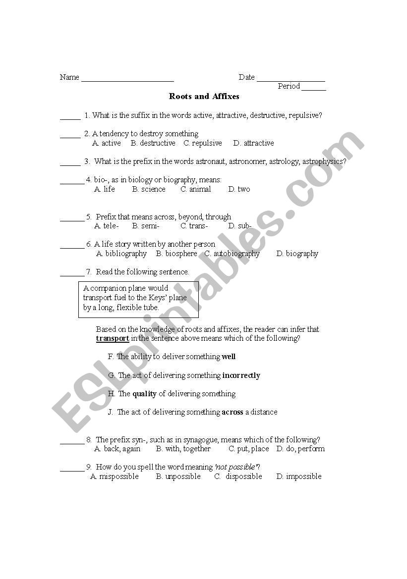 Roots and Affixes worksheet