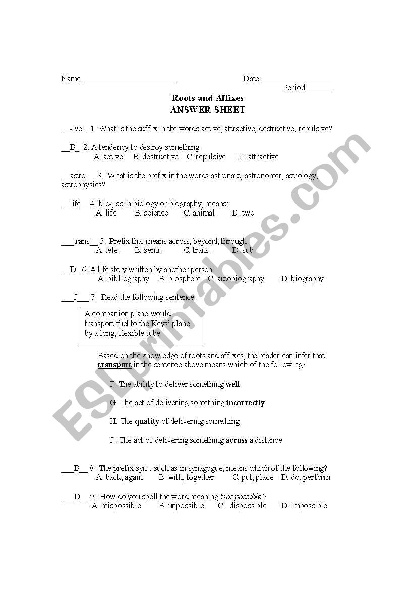 ANSWER KEY to Roots and Affixes