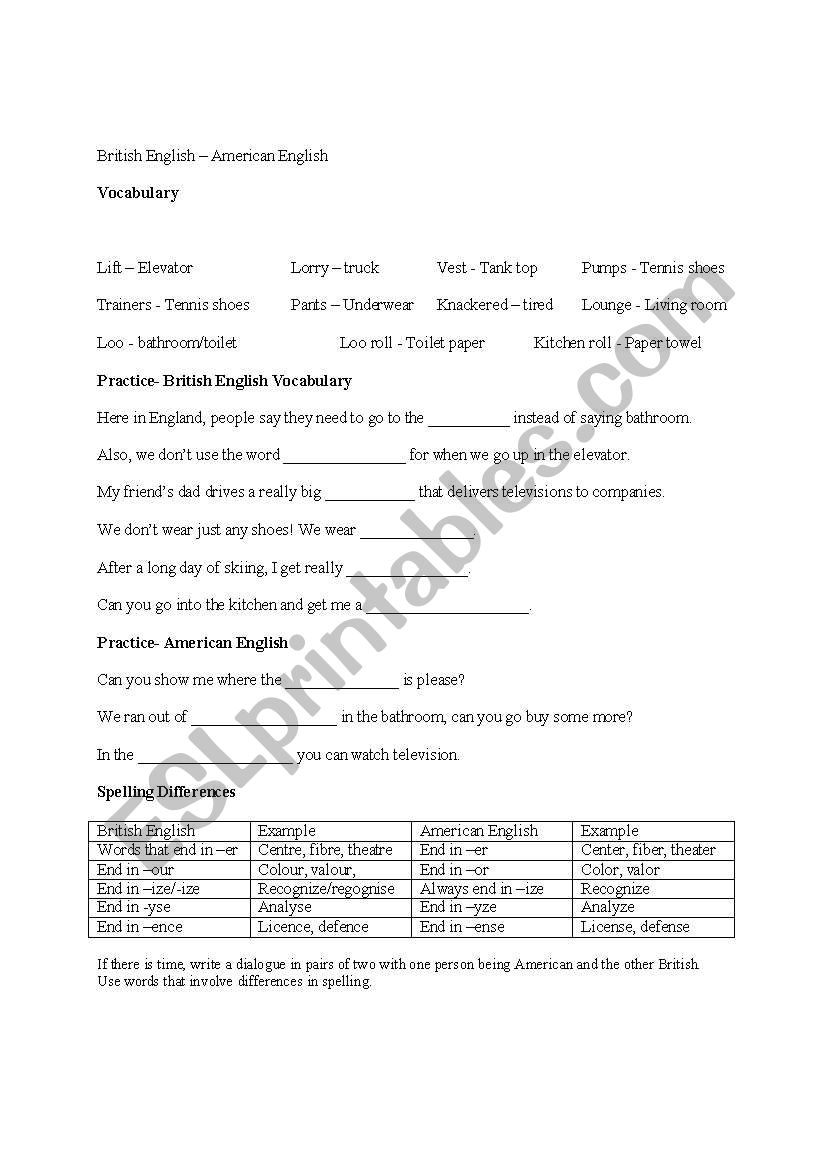 American - British English worksheet