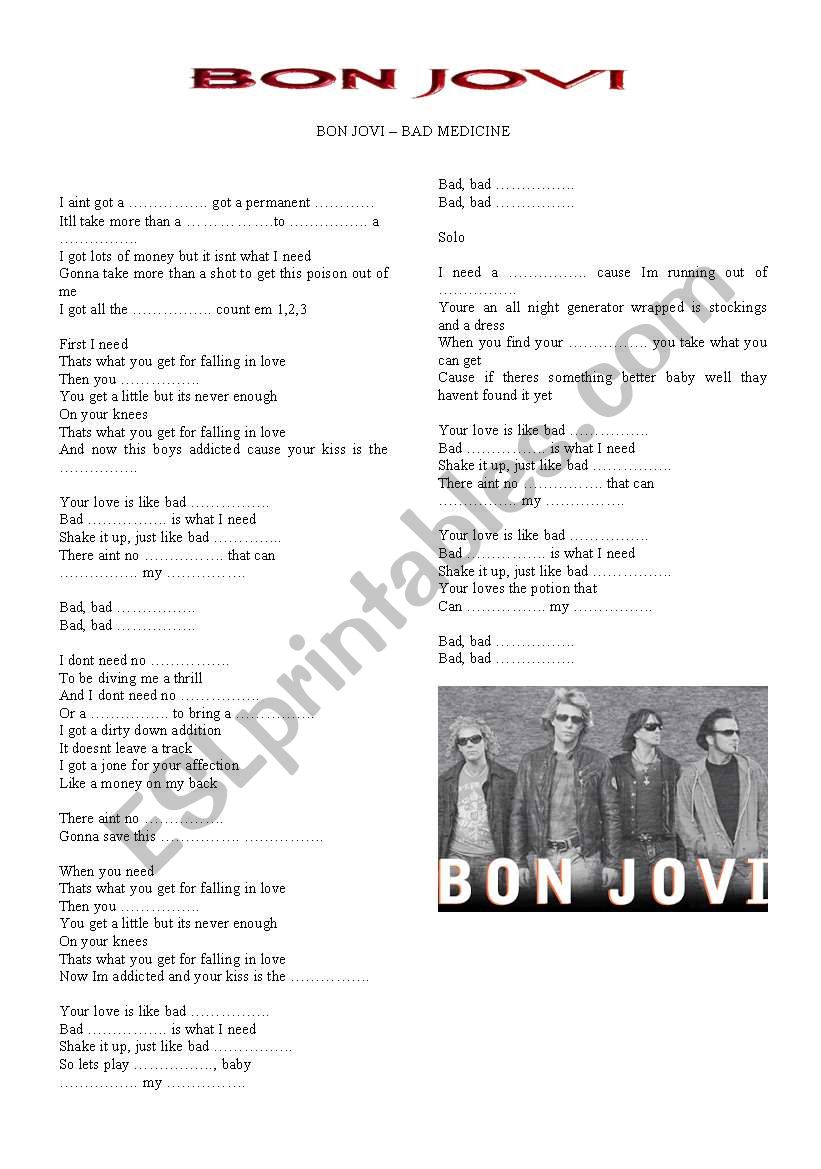 Bon Jovi Bad Medicine worksheet