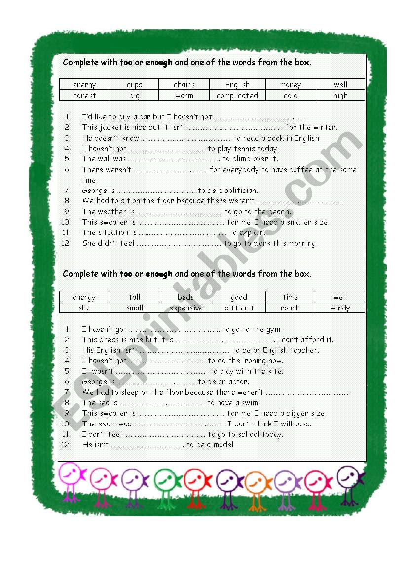 Too / Enough worksheet