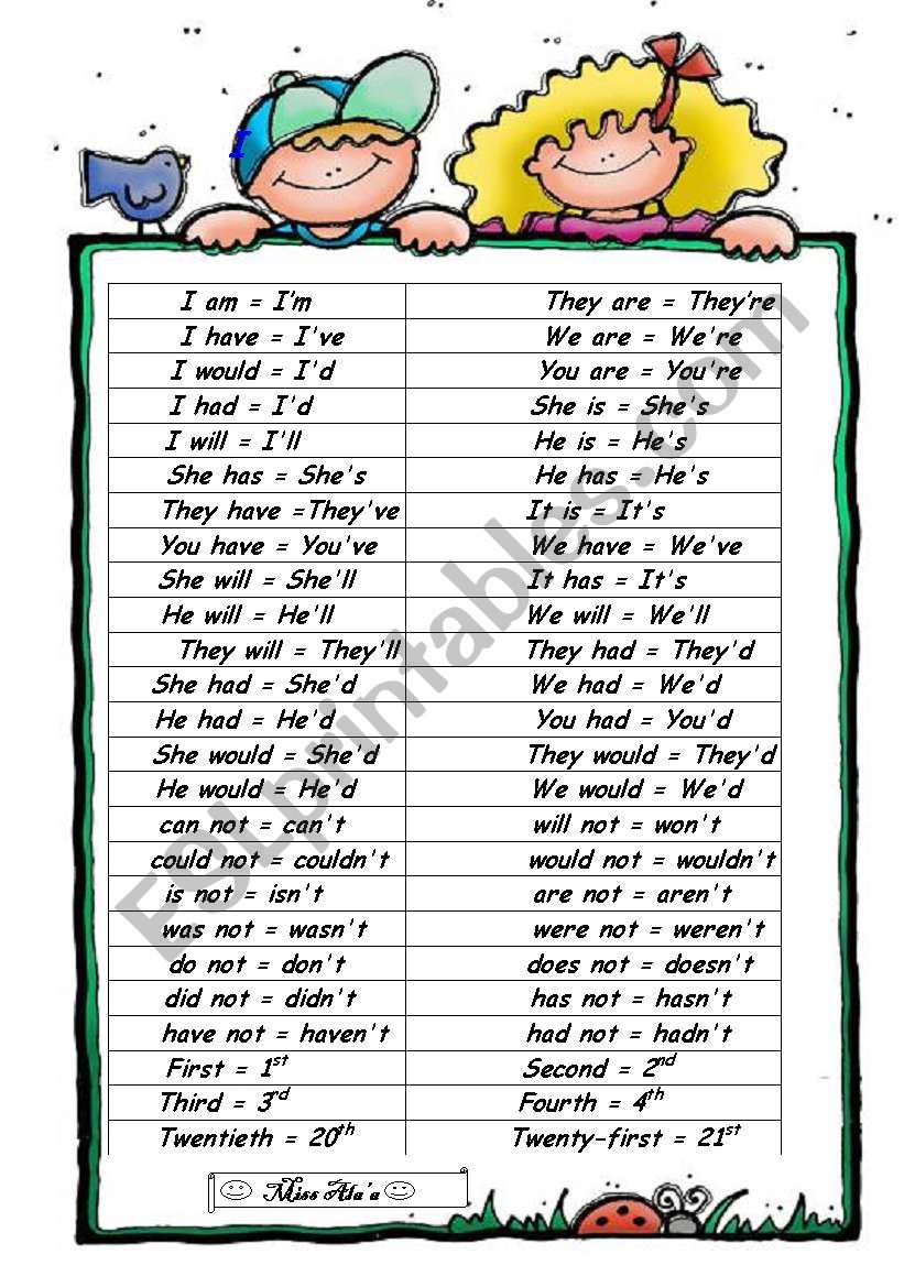 short form and long form - ESL worksheet by miss lulu