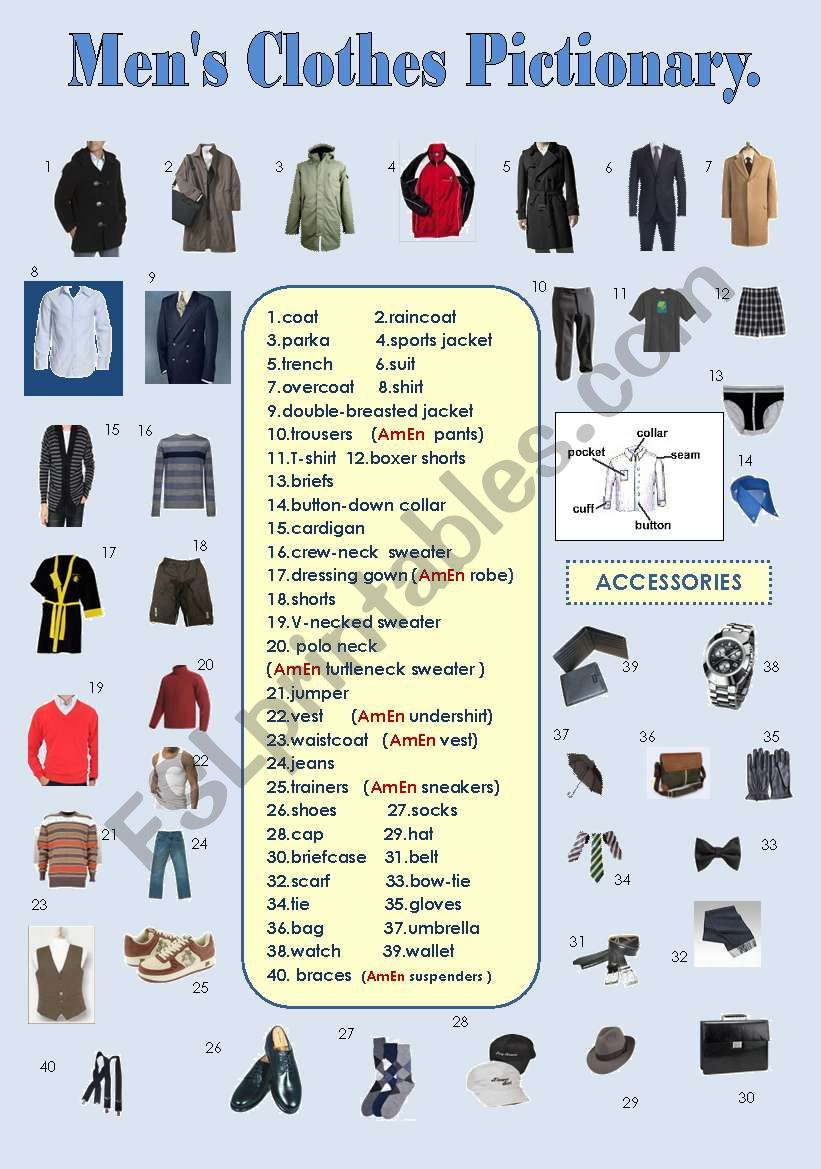 MENÂ´S CLOTHES PICTIONARY worksheet