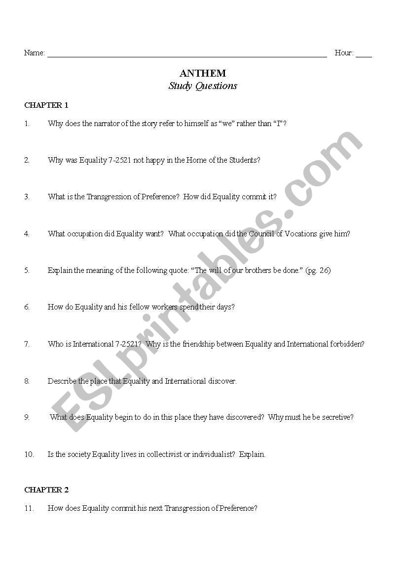 Anthem Study Guide worksheet