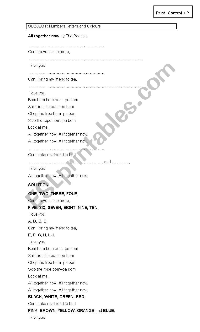 SONGS BY THE BEATLES worksheet