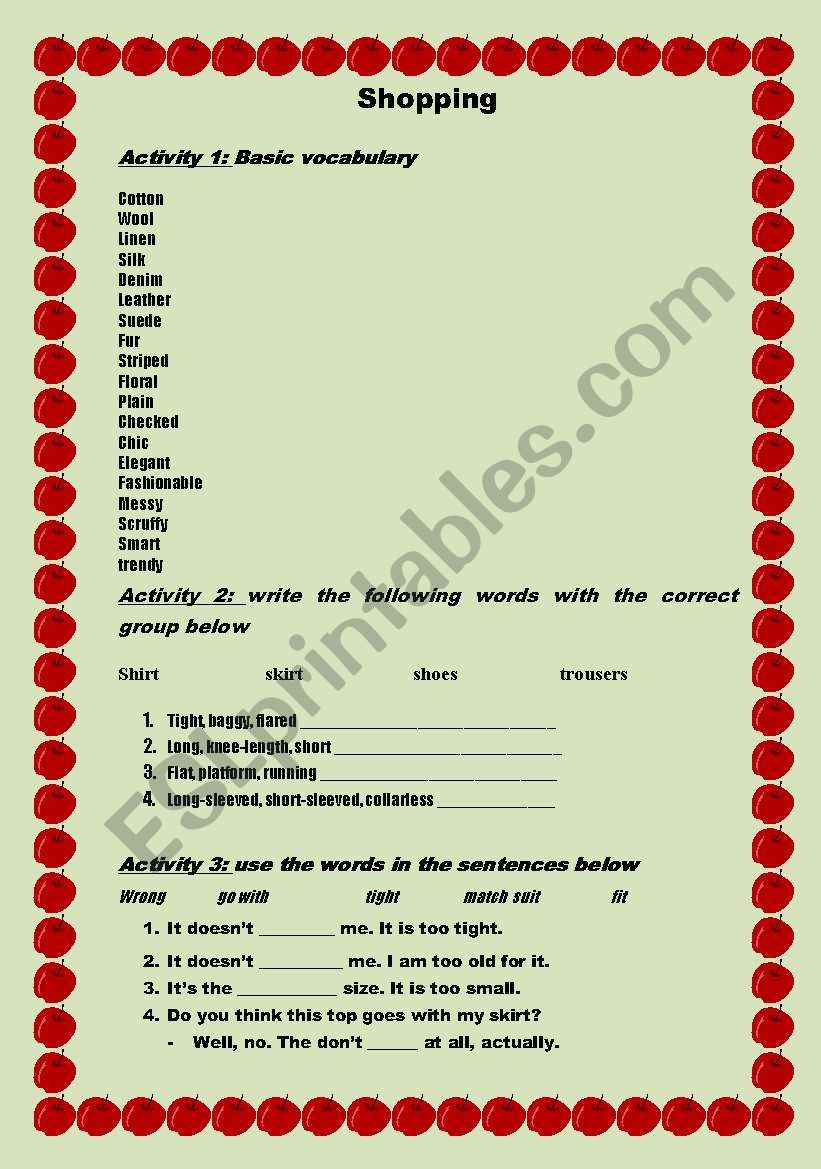 Shopping worksheet