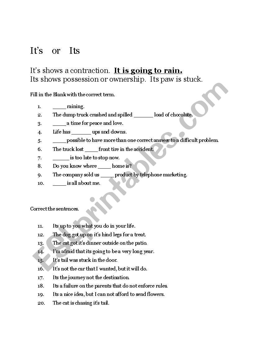 Its or Its worksheet