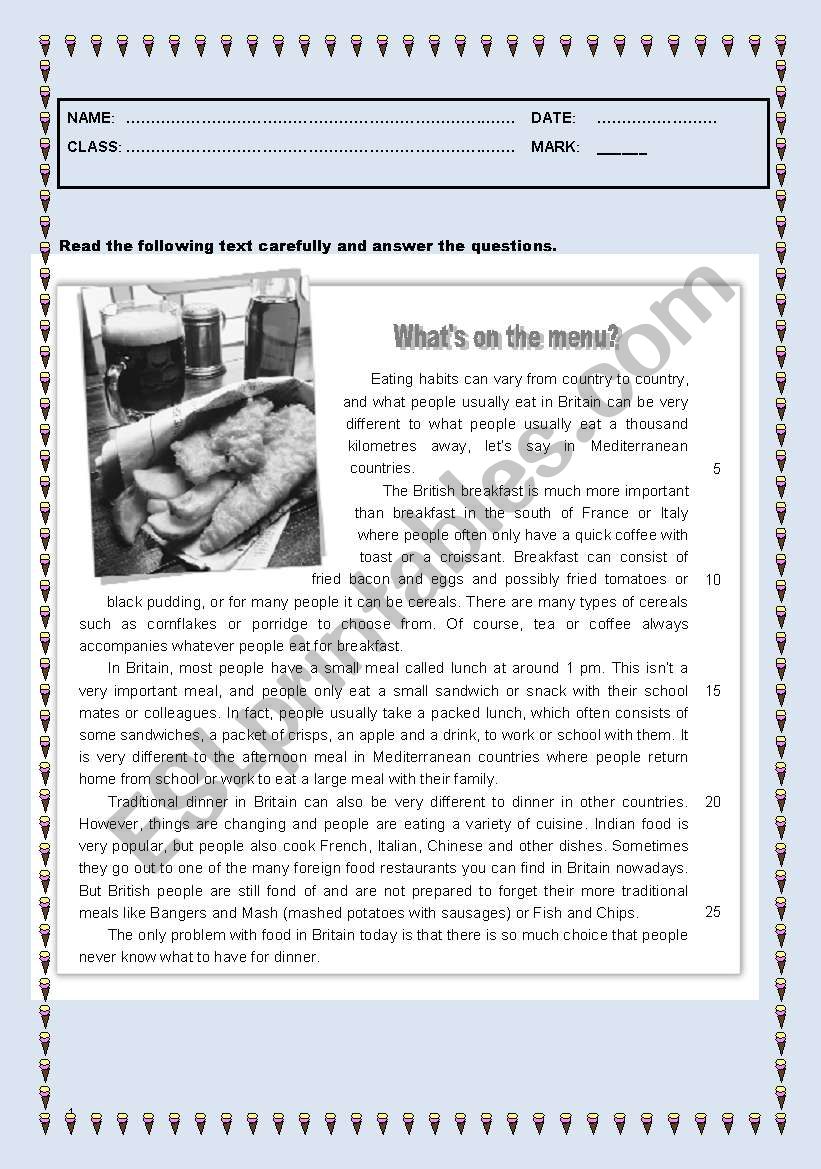 Test - Whats on the Menu? worksheet