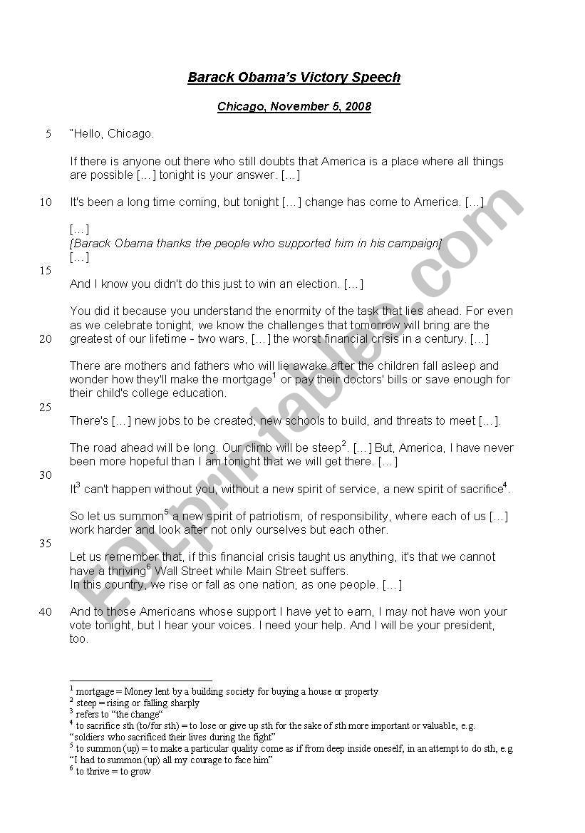 Obama Victory Speech worksheet