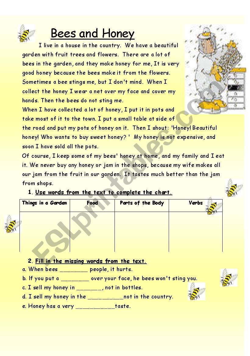 Bees and Honey worksheet