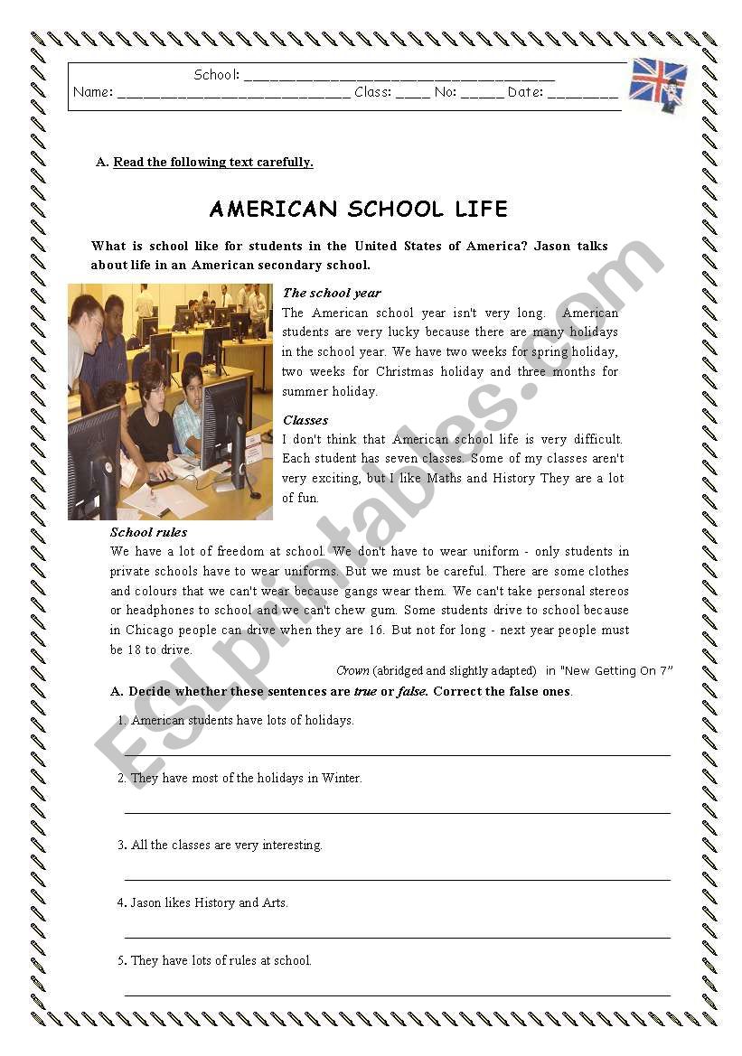 AMERICAN SCHOOL LIFE worksheet