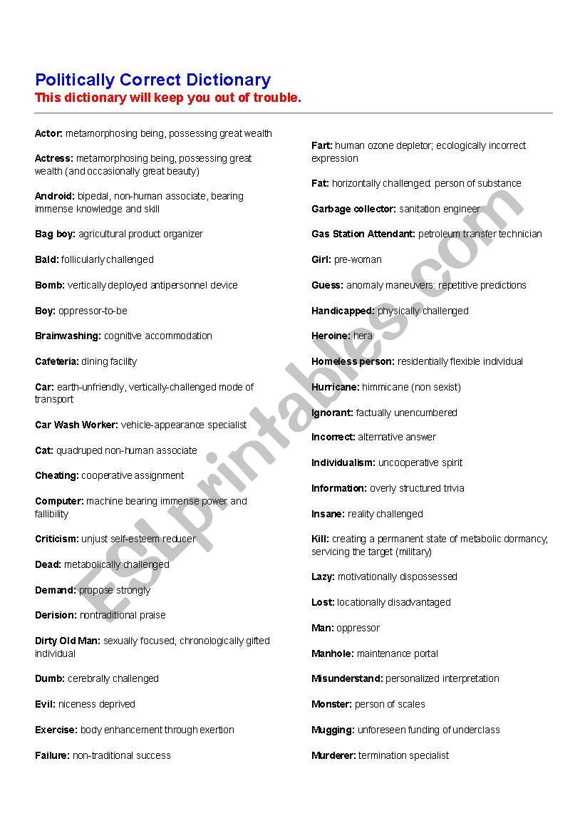 Politically correct language dictionary (fun)