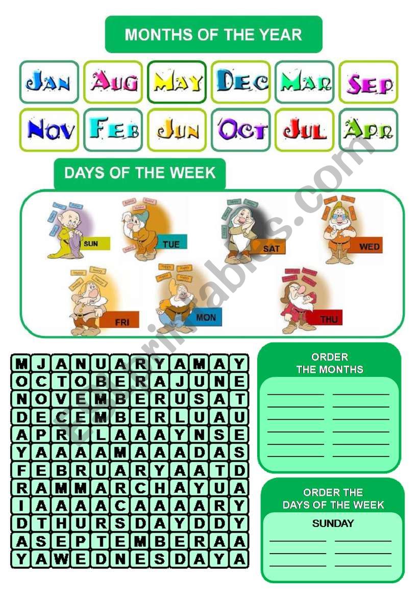 DAYS OF THE WEEK AND MONTHS worksheet