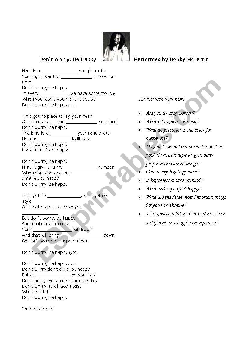 Song: DonÂ´t worry, be happy worksheet