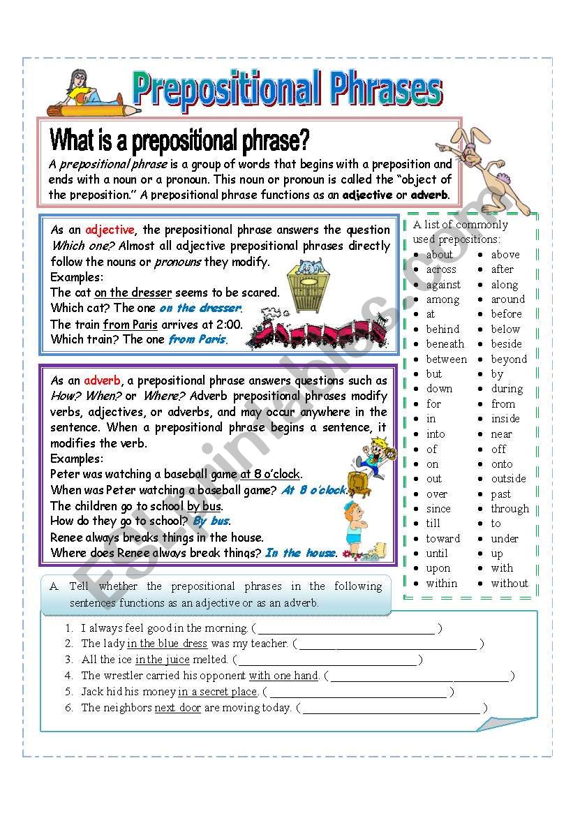 Prepositional Phrase Worksheet With Answers For 6th Grade