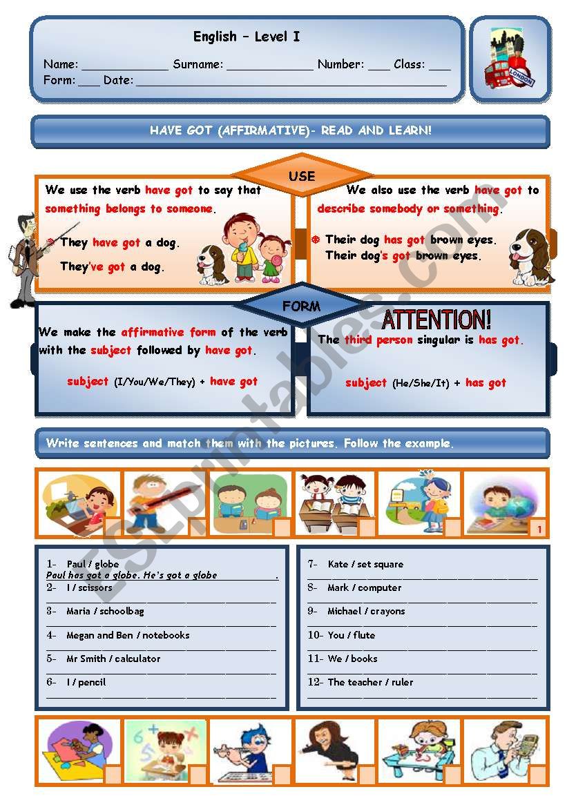 VERB HAVE GOT - AFFIRMATIVE worksheet