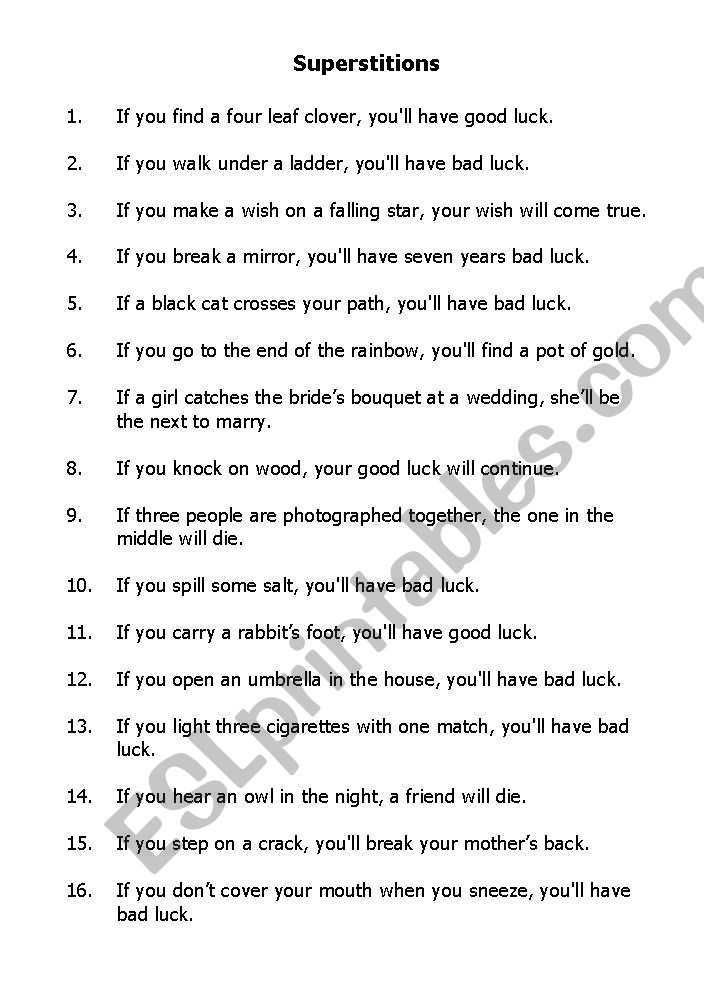 Superstitions worksheet