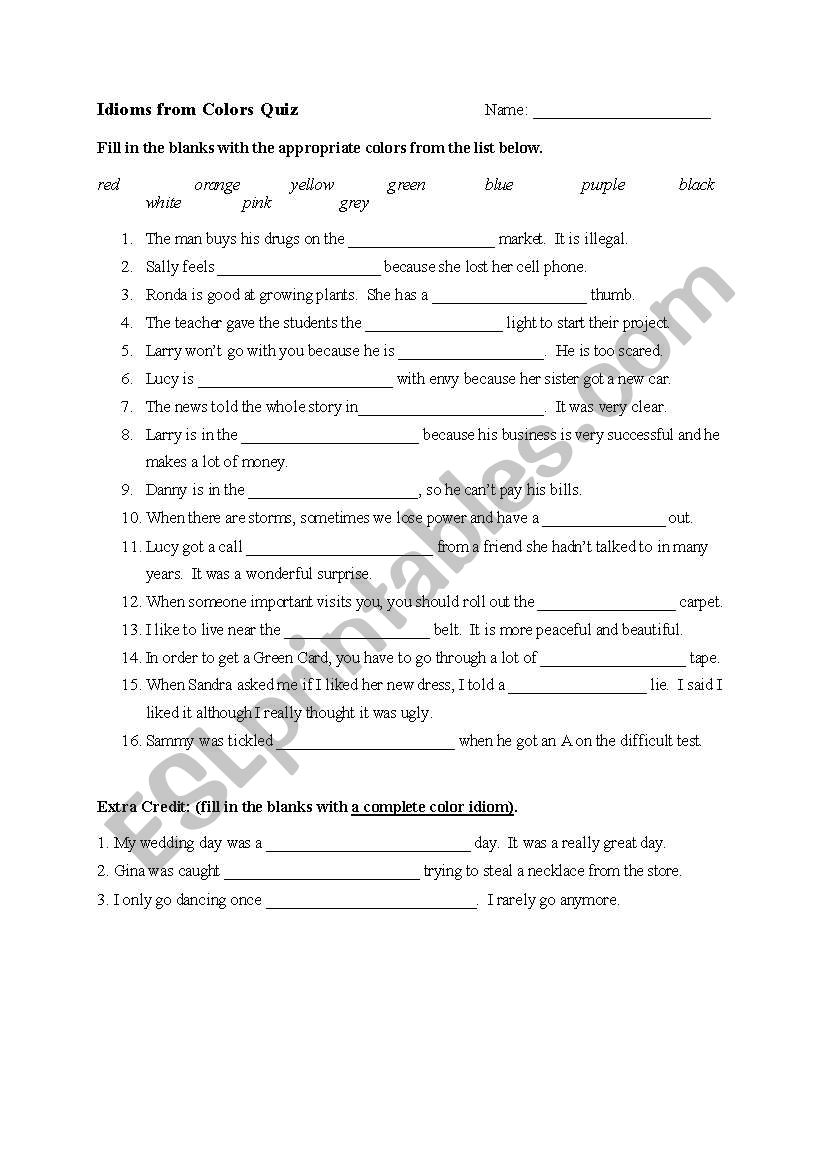 Color Idioms Quiz worksheet