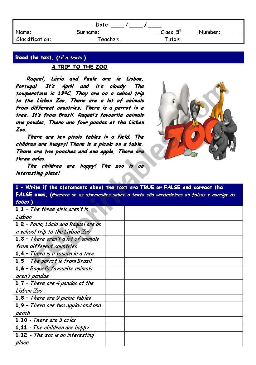 Reading comprehension worksheet foccused on 