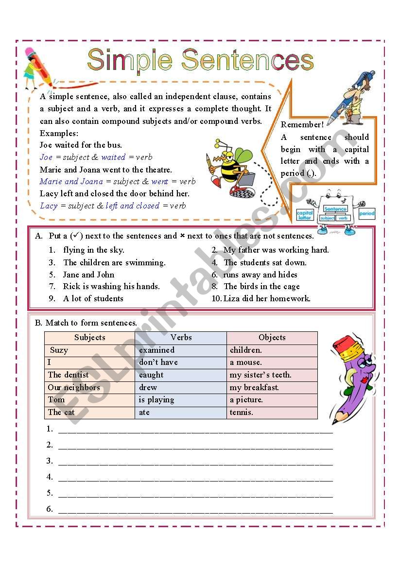 Simple Sentences Worksheet Middle School
