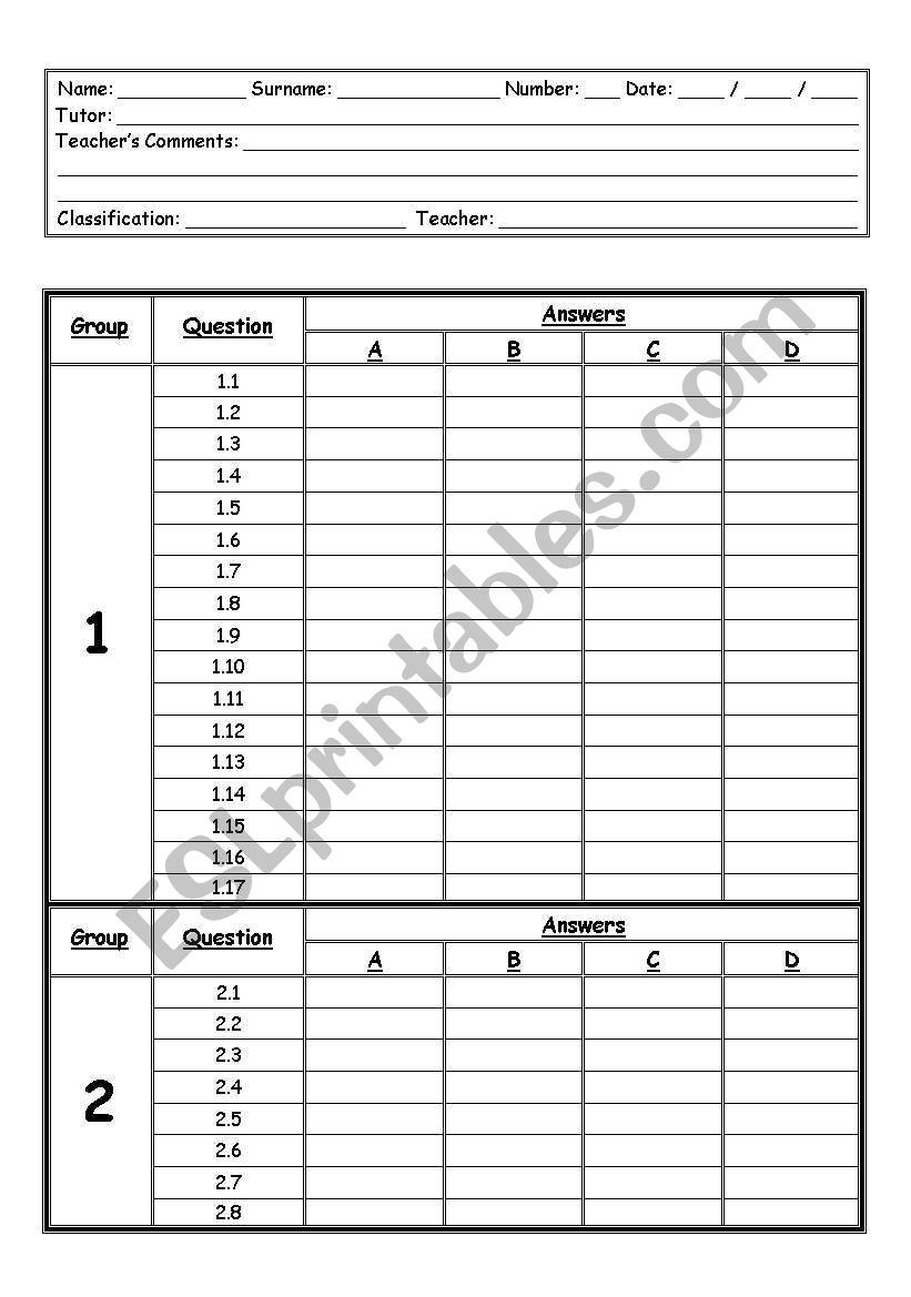 American test look-alike - Answer grid