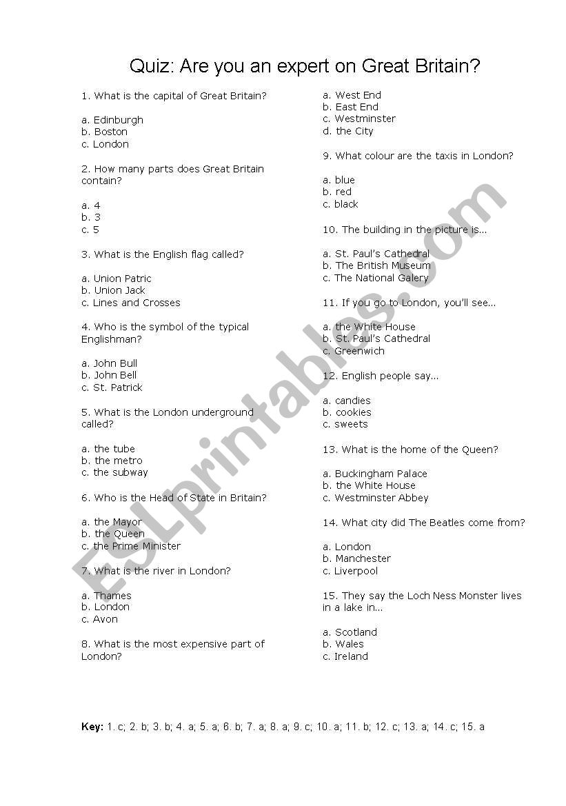 Quiz Great Britain worksheet