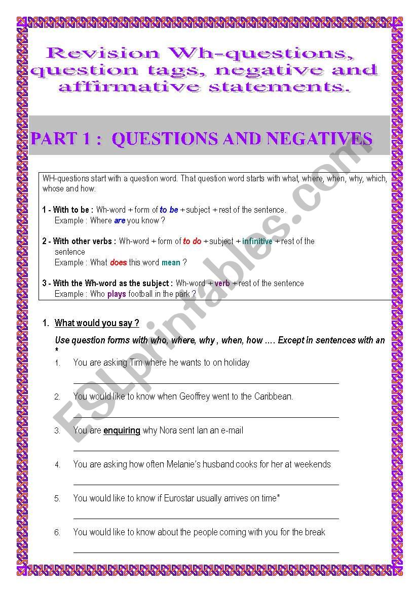 Revision wh-questions, question tags, negative statements (6pages)