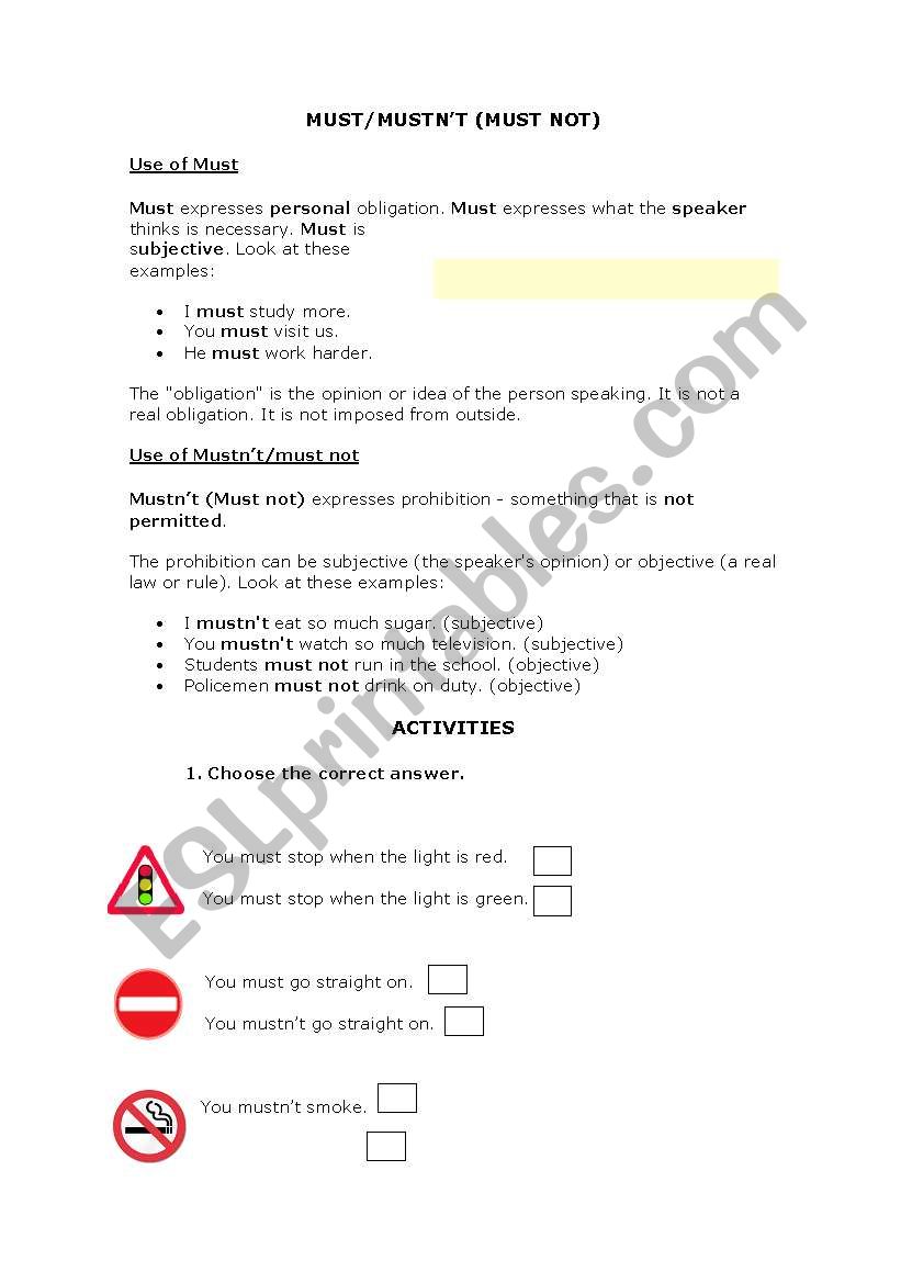 MUST/ MUSNÂ´T worksheet