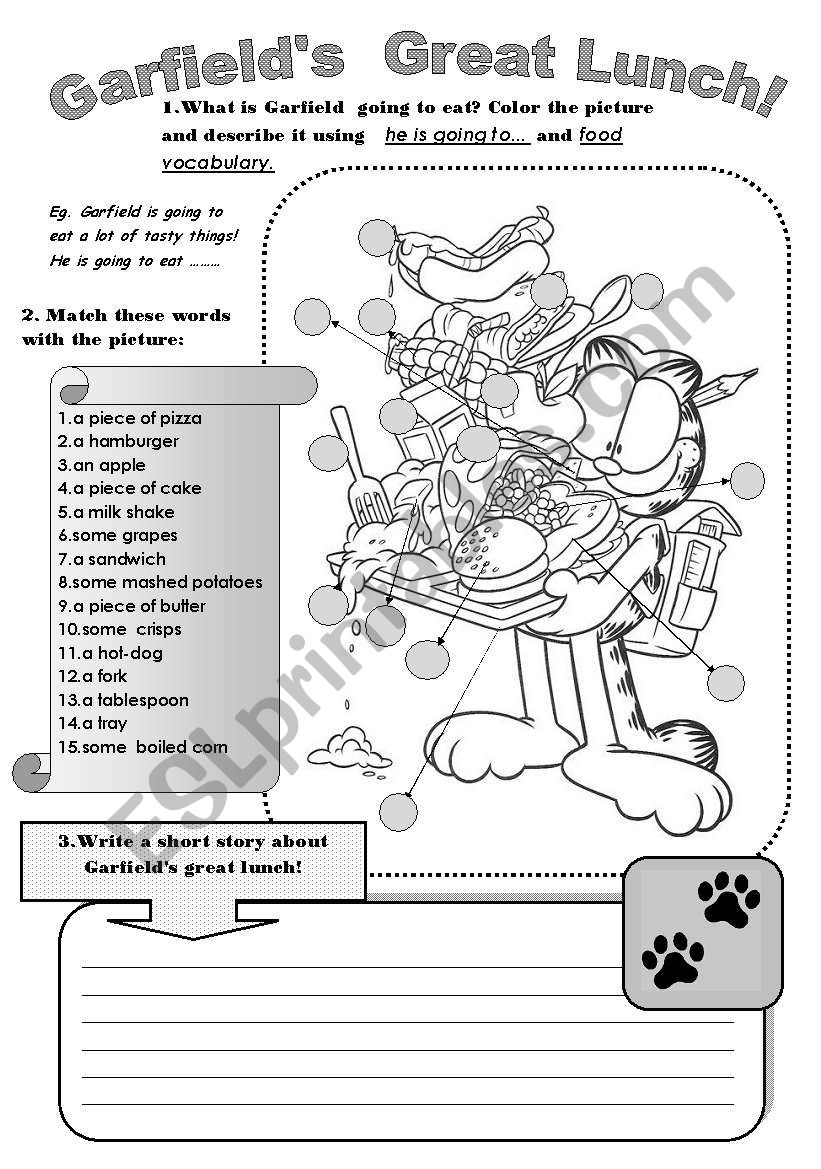 GARFIELDS GREAT LUNCH! - fun avtivity worksheet to revise or practise food vocabulary and to be going to... Speaking,matching vocabulary and writing activities