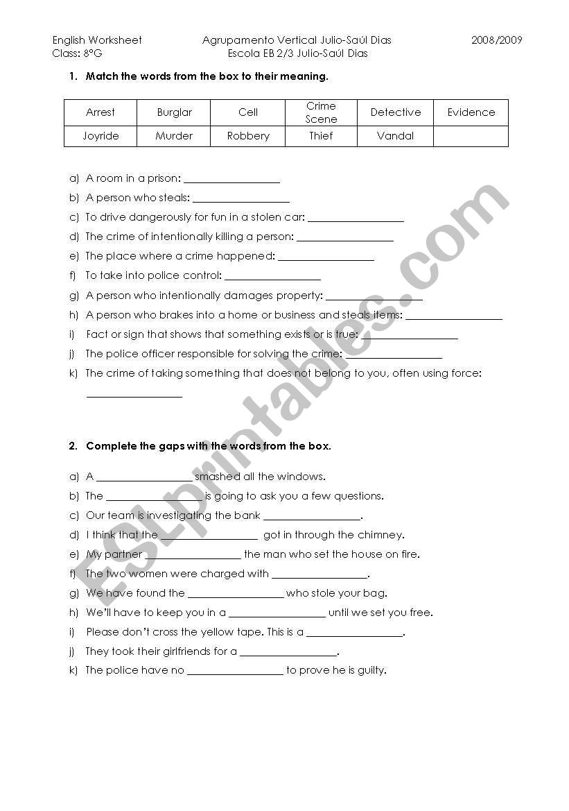 crime-scene vocabulary worksheet