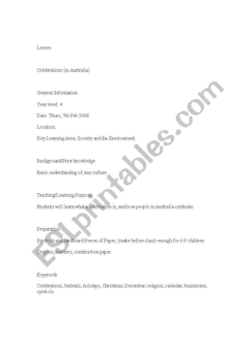 celebrations in australia worksheet