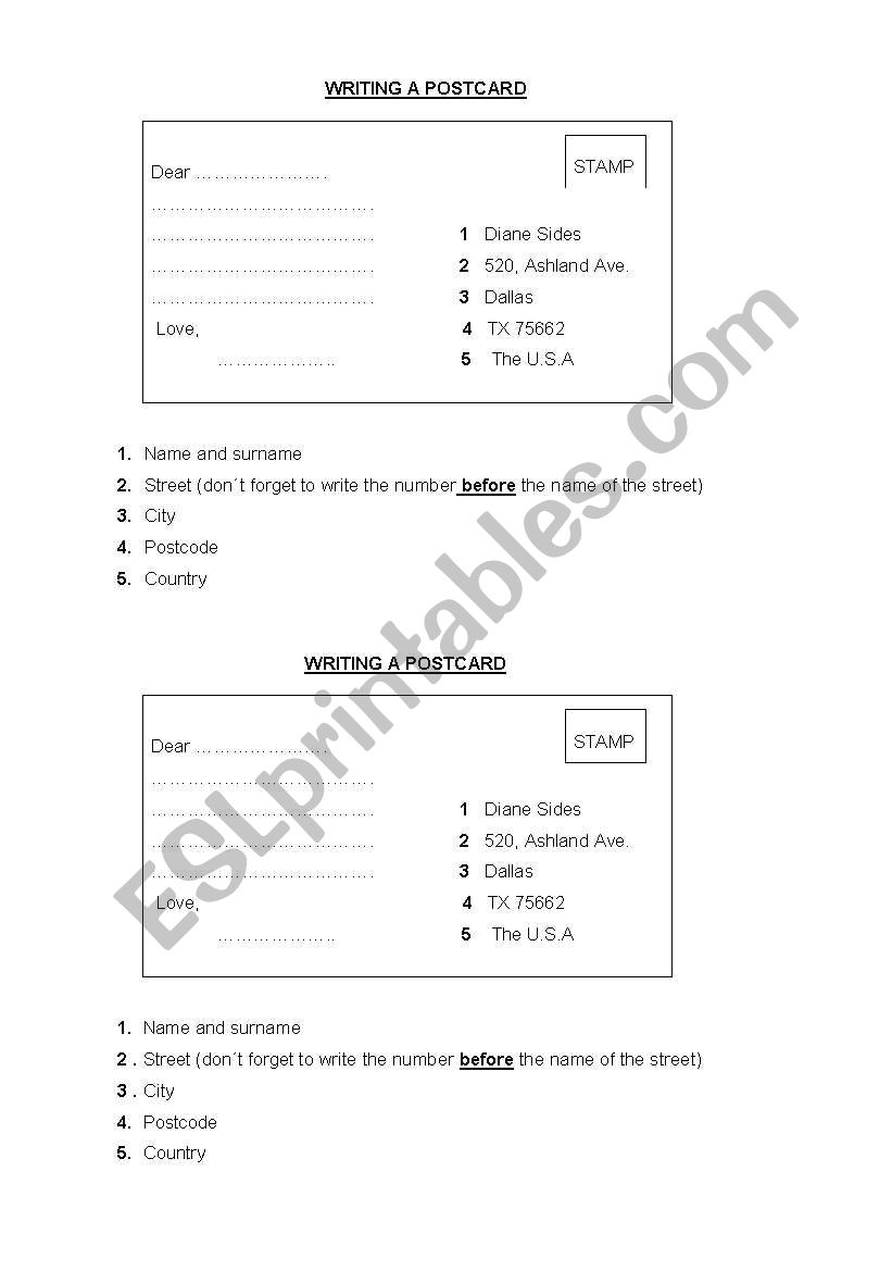 Writing a potcard worksheet