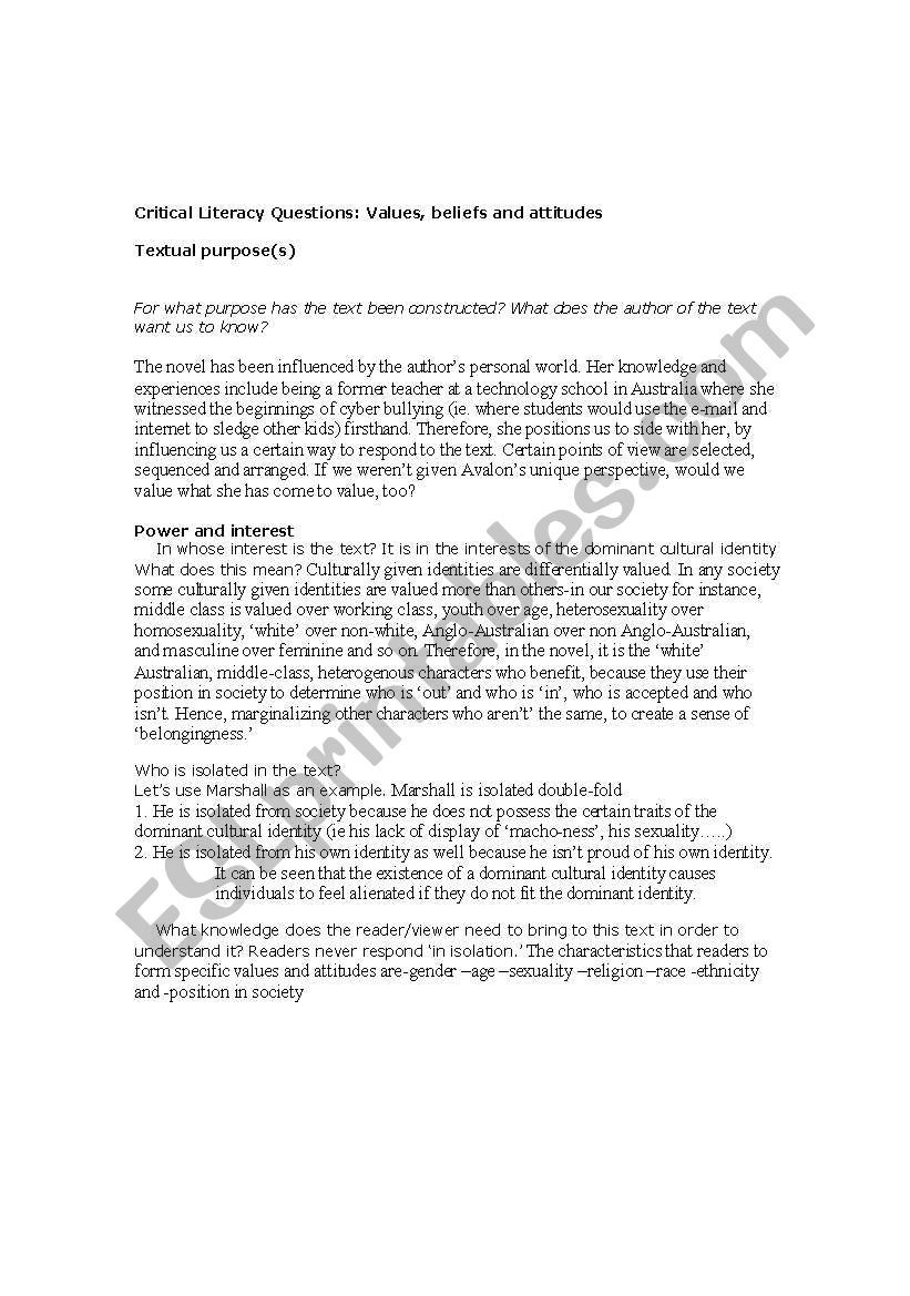 critical literacy worksheet worksheet