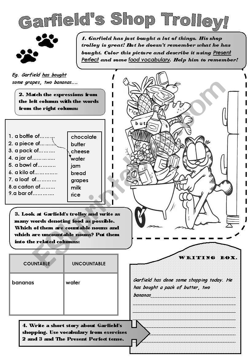 GARFIELDS SHOP TROLLEY! -fun vocabulary and grammar worksheet. Revision or practice of Present perfect ( What has Garfield bought?) and food vocabulary- countable and uncountable nouns.For upper-elementary students