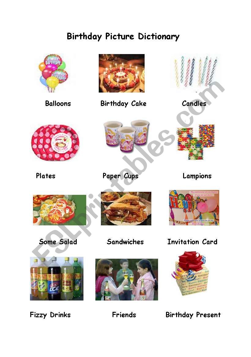 Birthday Picture Dictionary worksheet