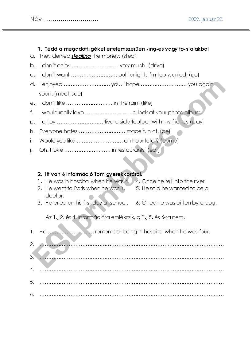 Infinitive vs. -ing worksheet